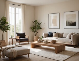 Modern minimalist living room with sleek fixtures, neutral tones, natural light, and a touch of greenery, showcasing a spacious and calming atmosphere.