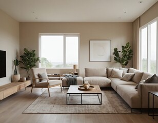 Modern minimalist living room with sleek fixtures, neutral tones, natural light, and a touch of greenery, showcasing a spacious and calming atmosphere.