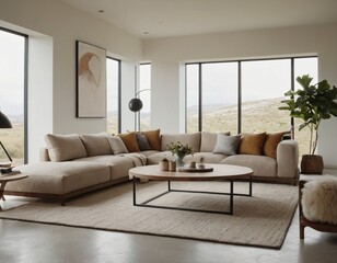 Modern minimalist living room with sleek fixtures, neutral tones, natural light, and a touch of greenery, showcasing a spacious and calming atmosphere.