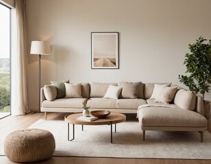 Modern minimalist living room with sleek fixtures, neutral tones, natural light, and a touch of greenery, showcasing a spacious and calming atmosphere.