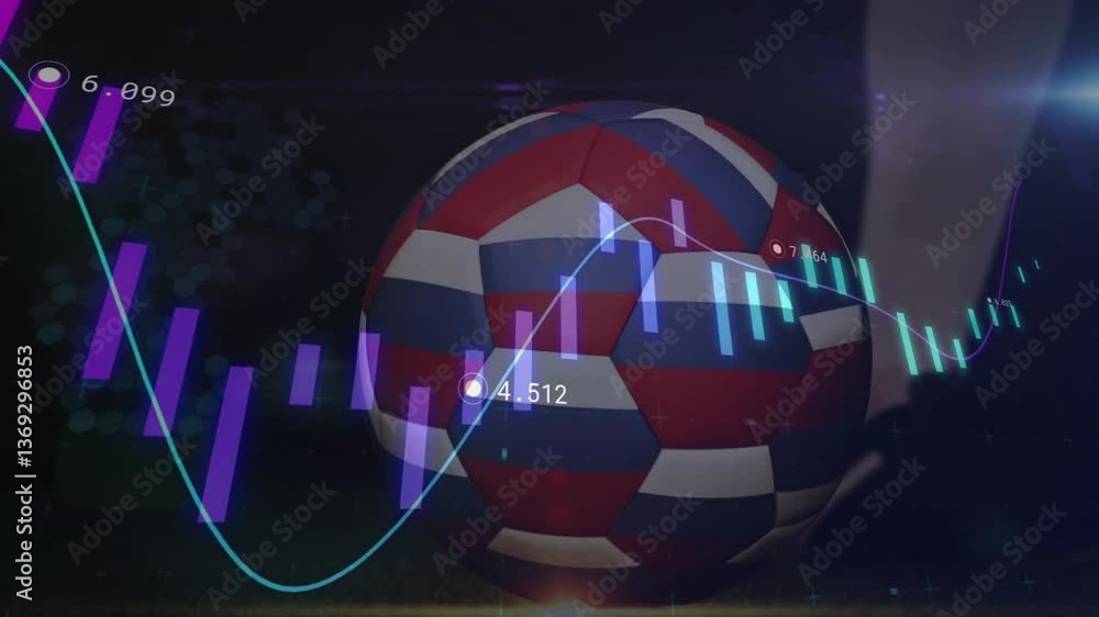 Poster soccer ball with financial data and graphs overlaying in dynamic animation
