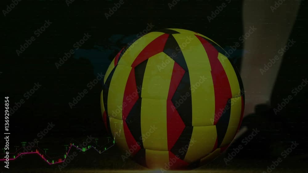 Poster animation of colorful geometric sphere with financial graph lines on dark background