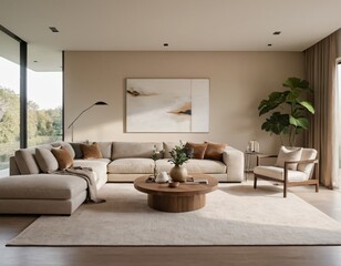 Modern minimalist living room with sleek fixtures, neutral tones, natural light, and a touch of greenery, showcasing a spacious and calming atmosphere.
