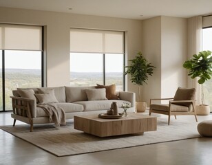 Modern minimalist living room with sleek fixtures, neutral tones, natural light, and a touch of greenery, showcasing a spacious and calming atmosphere.