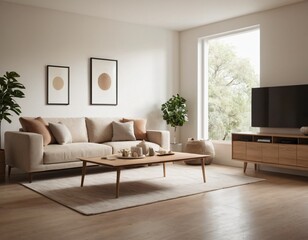 Modern minimalist living room with sleek fixtures, neutral tones, natural light, and a touch of greenery, showcasing a spacious and calming atmosphere.
