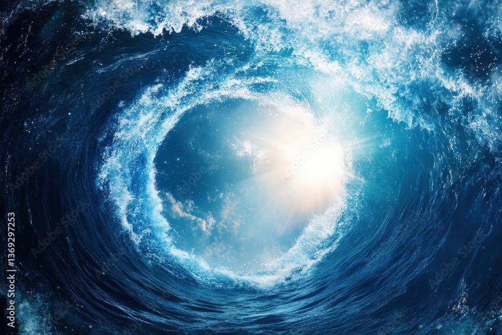 Poster a vibrant view of sunlight piercing through a swirling ocean wave, creating a mesmerizing underwater