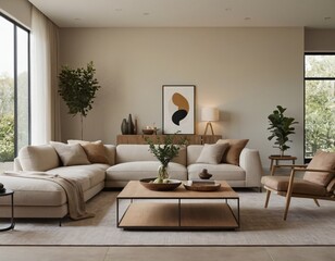 Modern minimalist living room with sleek fixtures, neutral tones, natural light, and a touch of greenery, showcasing a spacious and calming atmosphere.