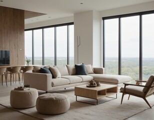 Fototapeta premium Modern minimalist living room with sleek fixtures, neutral tones, natural light, and a touch of greenery, showcasing a spacious and calming atmosphere.