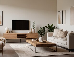 Modern minimalist living room with sleek fixtures, neutral tones, natural light, and a touch of greenery, showcasing a spacious and calming atmosphere.