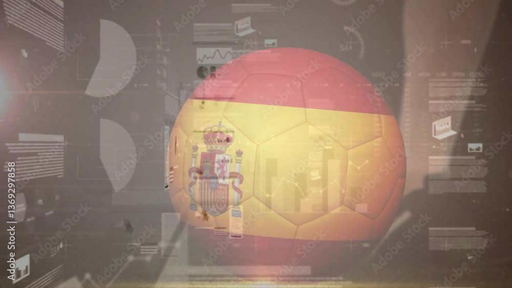 Poster spanish flag on soccer ball with data processing animation in background