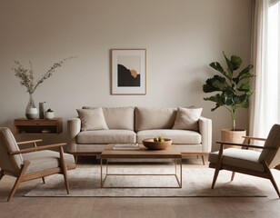 Modern minimalist living room with sleek fixtures, neutral tones, natural light, and a touch of greenery, showcasing a spacious and calming atmosphere.