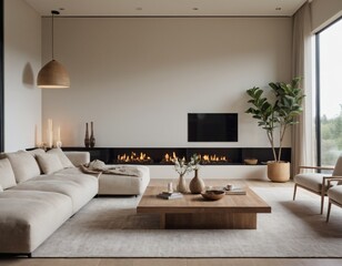 Modern minimalist living room with sleek fixtures, neutral tones, natural light, and a touch of greenery, showcasing a spacious and calming atmosphere.