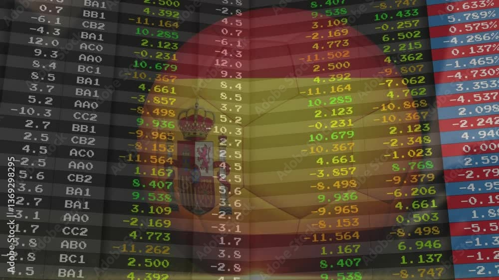 Poster financial data processing animation over blurred background with colorful numbers