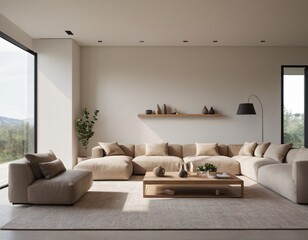 Fototapeta premium Modern minimalist living room with sleek fixtures, neutral tones, natural light, and a touch of greenery, showcasing a spacious and calming atmosphere.