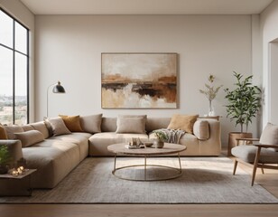 Modern minimalist living room with sleek fixtures, neutral tones, natural light, and a touch of greenery, showcasing a spacious and calming atmosphere.