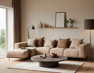 Modern minimalist living room with sleek fixtures, neutral tones, natural light, and a touch of greenery, showcasing a spacious and calming atmosphere.