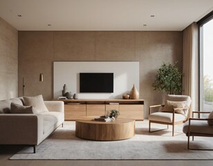Modern minimalist living room with sleek fixtures, neutral tones, natural light, and a touch of greenery, showcasing a spacious and calming atmosphere.