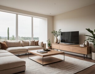 Modern minimalist living room with sleek fixtures, neutral tones, natural light, and a touch of greenery, showcasing a spacious and calming atmosphere.
