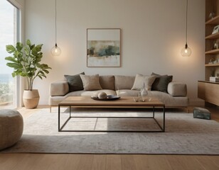Modern minimalist living room with sleek fixtures, neutral tones, natural light, and a touch of greenery, showcasing a spacious and calming atmosphere.