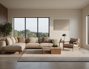 Modern minimalist living room with sleek fixtures, neutral tones, natural light, and a touch of greenery, showcasing a spacious and calming atmosphere.