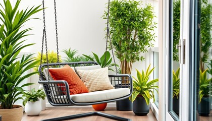 Modern balcony swing chair, textured cushions, lush potted plants, serene space, decor, photography