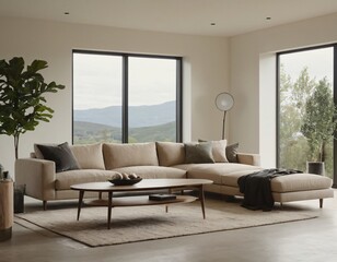 Modern minimalist living room with sleek fixtures, neutral tones, natural light, and a touch of greenery, showcasing a spacious and calming atmosphere.