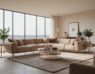 Fototapeta premium Modern minimalist living room with sleek fixtures, neutral tones, natural light, and a touch of greenery, showcasing a spacious and calming atmosphere.