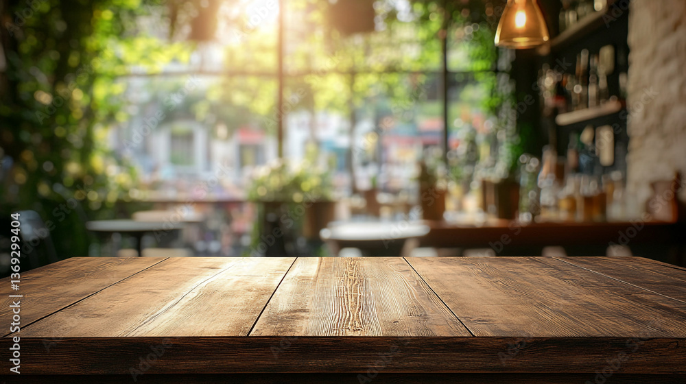 Aufkleber wooden table in a cafe setting with blurred background and hanging light fixture above the counter a