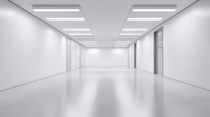 Obraz premium A long white hallway with recessed lighting and doors running along the length of the corridor