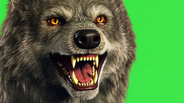 Wrathful Wolf: A fierce wolf with intense, fiery eyes bares its teeth, showcasing its powerful jaws. Set against a stark backdrop