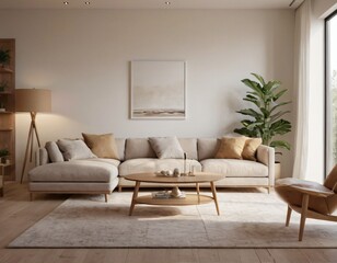 Modern minimalist living room with sleek fixtures, neutral tones, natural light, and a touch of greenery, showcasing a spacious and calming atmosphere.