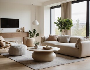 Modern minimalist living room with sleek fixtures, neutral tones, natural light, and a touch of greenery, showcasing a spacious and calming atmosphere.