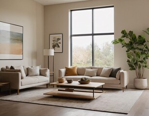 Fototapeta premium Modern minimalist living room with sleek fixtures, neutral tones, natural light, and a touch of greenery, showcasing a spacious and calming atmosphere.