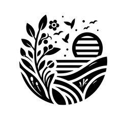 Minimalist Nature Scene in Circle: Sunset, Plants, Birds, Black & White
