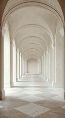 A corridor with a series of arches and tiled floor