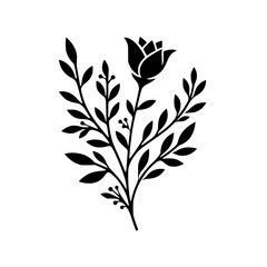 Elegant Black Rose and Foliage Silhouette on White, Vector Graphics