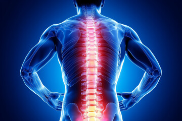 3D medical illustration of human body showing spine and painful shoulder anatomy