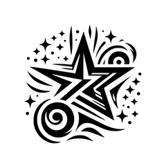Abstract Star Graphic in Black and White with Swirls and Accents