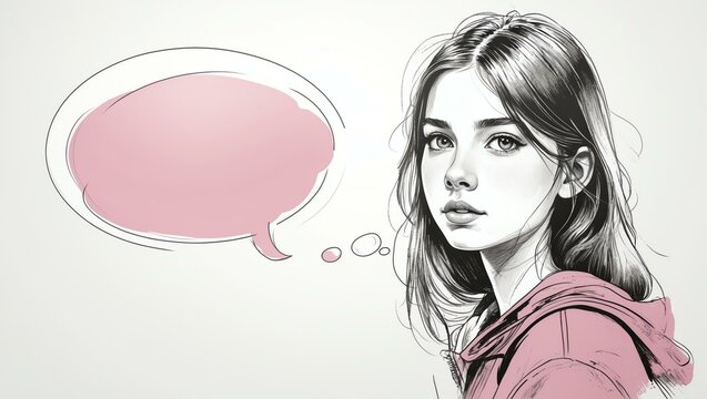 teenage gal with blank speech bubble looks like thinking on white background