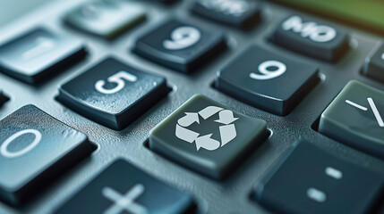 Close-up of a calculator featuring a green key with a white recycle symbol, combining sustainability and financial calculation concepts