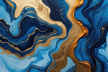 Obraz premium Hand Painted Abstract Background of Mixed Liquid Blue and Gold Textures with a Fluid Marble Effect