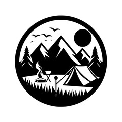Camping Adventure: Minimalist Black & White Circle Icon