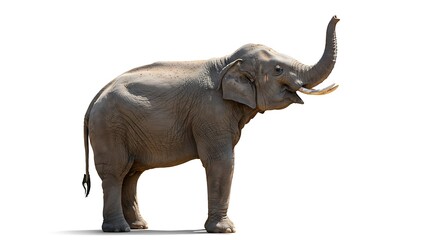 Standing Elephant Raising Trunk Isolated on White Background Captures Animal Behavior