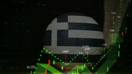 Soccer ball with Greek flag over financial data and stock market animation - Powered by Adobe