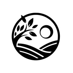 Minimalist Nature Icon: Tree, Sun, Hills in Circle
