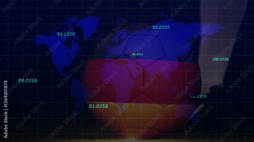 Poster animation of world map overlaying numerical data on colorful geometric pattern
