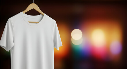 White T-Shirt On Wooden Hanger With Bokeh Background