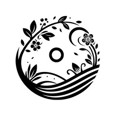 Floral Circle Illustration: Black and White Botanical Design