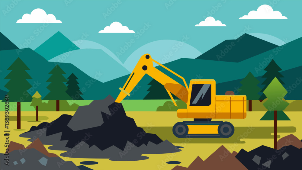 Poster a mechanical excavator scooping up large chunks of peat up the once lovely landscape.. vector illust
