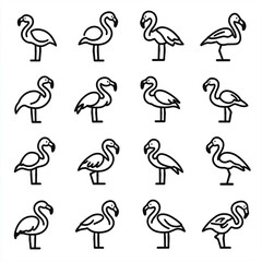 Cute baby flamingo icons in a black outline on a white background are presented in this set